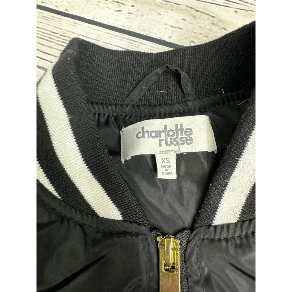 Charlotte Russe Womens Black Bomber Jacket Varsity Stripe Ruched Sleeve XS